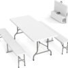 Picnic Table Set with 2 Benches, 6 Feet Camping Table Chair Set,3-Piece Folding Furniture for Indoor or Outdoor Use, Smooth Tabletop, White