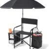 Folding Camping Chair with Side Table, Cooler Pouch and Detachable Parasol Umbrella Portable Foldable Beach Directors Chair for Adults Outdoor Camp Lawn Picnic Fishing Beach BBQ Travel