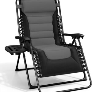 Outdoor Padded Zero Gravity Chair, Patio Lounge Chair Outdoor Recliner, Oversized Anti Gravity Lounger with Adjustable Headrest and Cup Holder, Foldable for Camping, Yard - Black/Grey