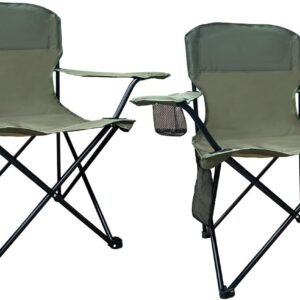 2PCS Folding Outdoor Beach Camp Chair with Cup Holder, Storage Pocket, Waterproof Bag Outdoor Arm Chair, Supports 225LBS, Green