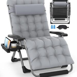 Oversized Zero Gravity Chairs XXL, 33In Padded Zero Gravity Lounge Chair, Lawn Recliner, Folding Patio Reclining Chair w/Aluminum Alloy Lock, Headrest, Cup Holder, Support 500lbs, Grey