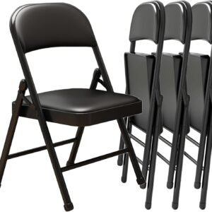 Black Padded Folding Chairs with Cushion 4 Pack, Heavy Duty Steel Metal Frame Foldable Chair for Indoor and Outdoor, Portable Stackable Commercial Seat for Bedroom Patio Party Event
