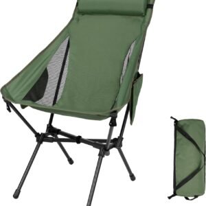 Portable High Back Camping Chair, Support Heavy Duty 440 lbs, Compact Folding Backpacking Chair with Detachable Pillow for Camp, Hiking, Backpacking(Green)