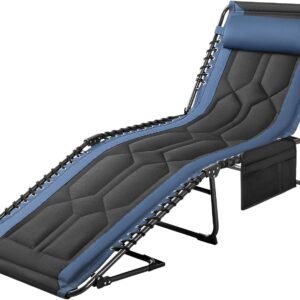 Folding Chaise Lounge Outdoor Portable Lounge Chairs 4-Position Adjustable Camping Lounge Chair with Pillow & Side Bag Lightweight Recliner Sunbathing Chair for Pool Beach Deck (Blue)