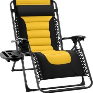 Oversized Padded Zero Gravity Chair, Folding Outdoor Patio Recliner, XL Anti Gravity Lounger for Backyard w/Headrest, Cup Holder, Side Tray, Polyester Mesh - Black/Yellow