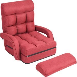 Folding Floor Chair with 6-Position Adjustable Backrest, Armrests & Removable Pillow, 330Lbs Capacity, Lazy Sofa Armchair, Chaise Lounge Bed, Gaming Recliner for Living Room Bedroom, Red