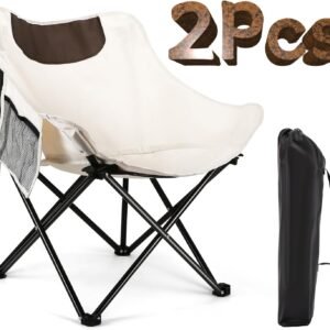 2Pcs Folding Moon Chair, Portable Lightweight Camping Chair with Side Pocket, Foldable Backpacking Chair Ultra Durable for Outdoor Hiking Beach Travel with Carrying Bag, Supports up to 300LBS