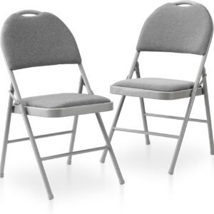 Folding Chairs Set of 2, Heavy Duty Metal Folding Chairs with Padded Fabric Seats, Big Backrest Foldable Chair for Outdoor & Indoor & Dining & Party, Grey