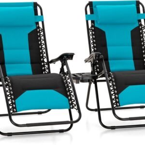 Padded Zero Gravity Chair Set of 2, Folding Patio Lounge Recliner with Adjustable Pillows & Cup Holder for Poolside Backyard, Support 400lbs(Pacific Blue)