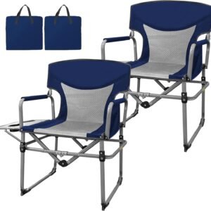 2PK Folding Director Chairs, Camping Chair for Outdoor, Compact Directors Chair with Side Table Side Bag, Heavy Duty Oversize Seat for Beach Fishing Picnic Chairs, Holds up to 300 lbs Blue