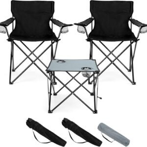 Folding Camping Chair Set of 3, Foldable Black Camp Chairs & Grey Table, Large Lawn Chair Portable for Adults Hiking, Fishing, Picnic, Outdoor BBQ, Travel, Sports, Cup Holders & Storage Bags