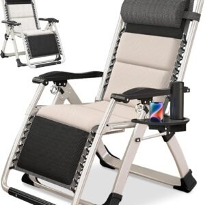 Padded Zero Gravity Chair, Folding Outdoor Lounge Chairs, Adjustable Reclining Camping Chairs with Cup Holder, Ergonomic Patio Lawn Chair for Balcony Beach Deck Yard