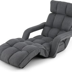 Foldable Floor Lazy Sofa, Indoor Chaise Lounge Sofa with 6 Adjustable Positions, Folding Chair Bed with Adjustable Armrests, Backrest & Footrest, Ideal for Living Room, Bedroom (Dark Grey)