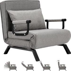 Convertible Bed Sleeper Chair,Tri-fold Upholstered Armchair Sleeper with Pillow,Folding Leisure Chaise Lounge Couch,6 Angle Adjustable Backrest Single Lazy Bed for Office (Gray, Regular)