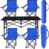5 Pcs Summer Portable Camping Chair and Folding Camping Table Set Outdoor Oxford Fabric Folding Chair Lawn Portable Camp Table with Cup Holder Carry Bag for Travel Fishing Sport(Blue)