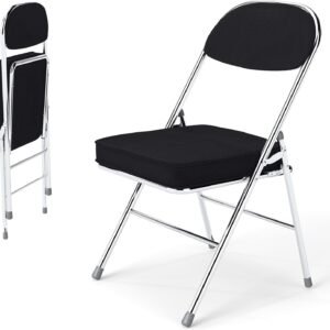 Folding Chairs with Padded Thick Seat, Durable Corduroy Fabric, Portable Stackable Commercial Folding Office Chair with Steel Frame for Events Office Wedding Party,650LB,2 Pack,Black