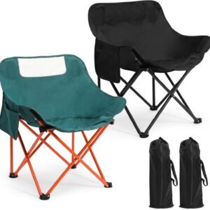 2 Pack Compact Camping Chairs Portable Folding for Outside with Carry Bag Lightweight Moon Chairs for Travel Picnic Hiking Beach Fishing,  Oxford, Supports 330lbs(Green, Black)