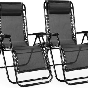 Zero Gravity Chairs, Set of 2 Portable Recliner Beach Camping Patio Outdoor Folding Lounge Chair with Cup Holder Trays and Adjustable Pillow for Poolside, Garden, Backyard, Lawn (Black)
