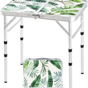 Folding Camping Table 2ft Portable Pinic Table Adjustable Height Small Card Table Aluminum Foldable Lightweight with Carry Handle for Outdoor Indoor Hiking Camp BBQ Beach (Monstera Palm Leaves)